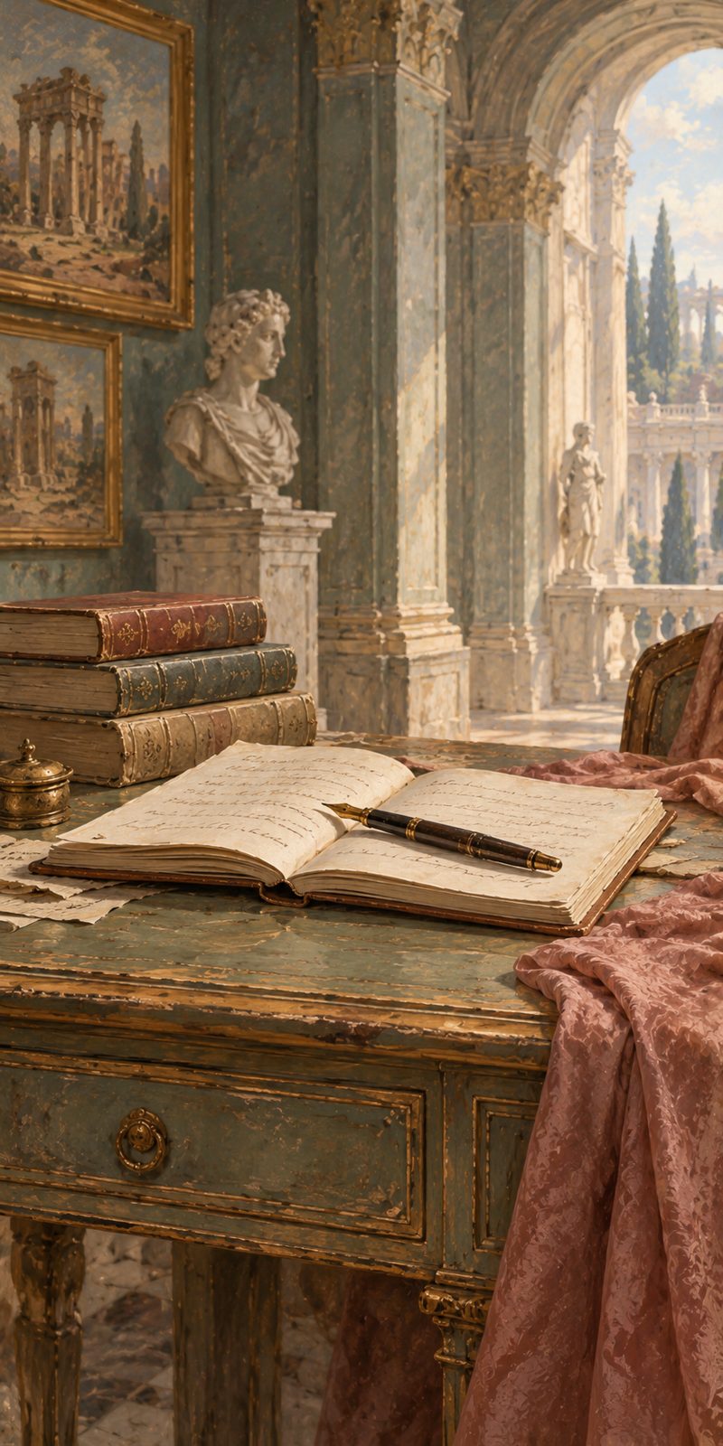 Open notebook on a marble desk in a baroque hall