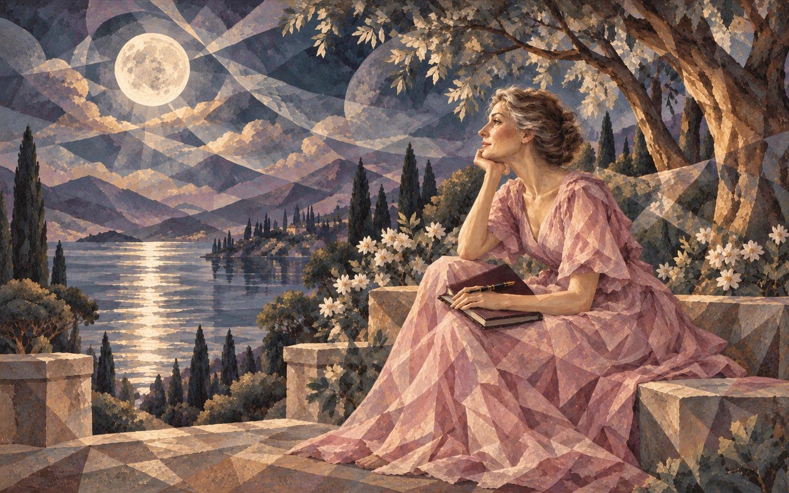Kari gazing at a moonlit landscape with a notebook