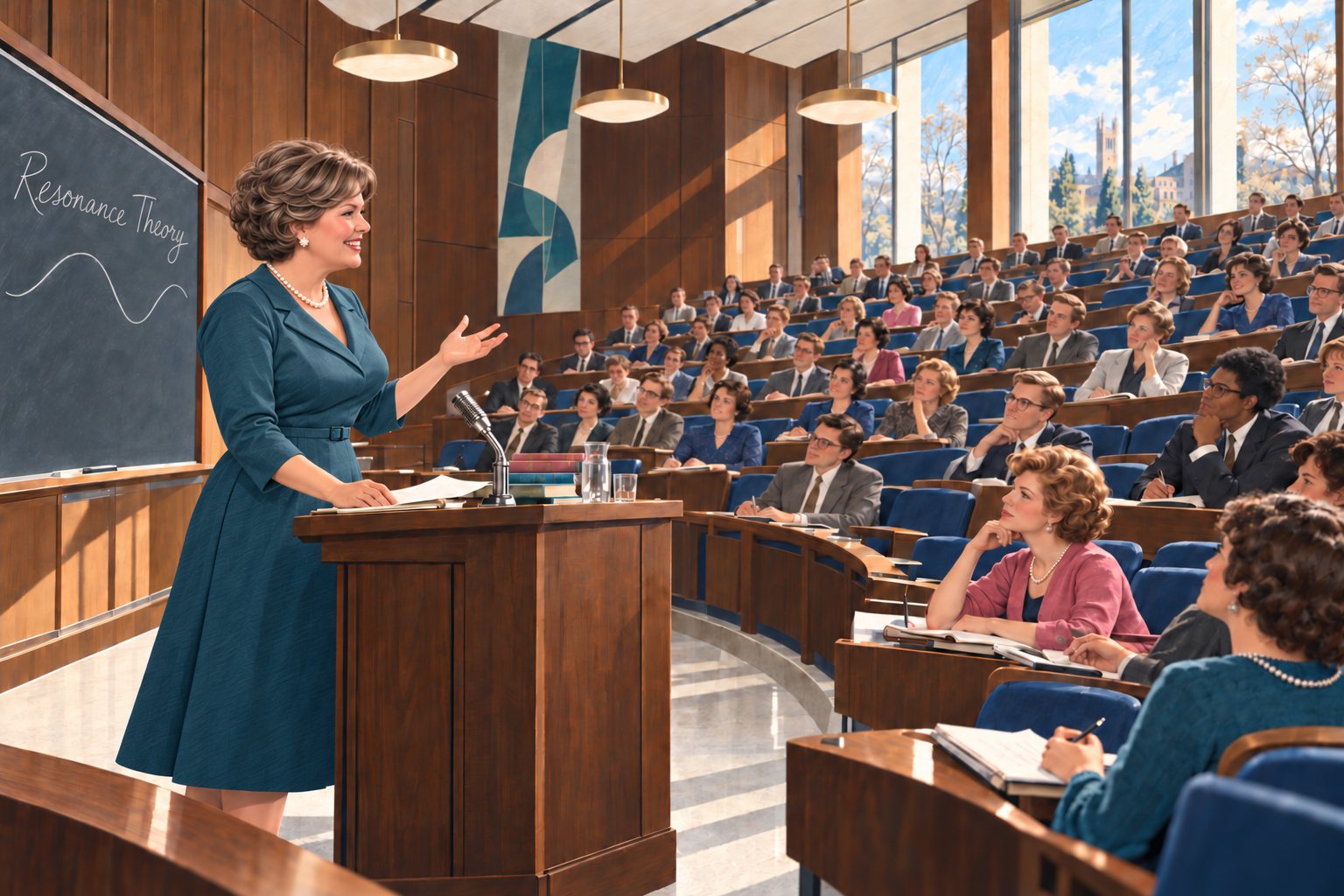 Kari teaching Resonance Theory to a full lecture hall, midcentury modern style