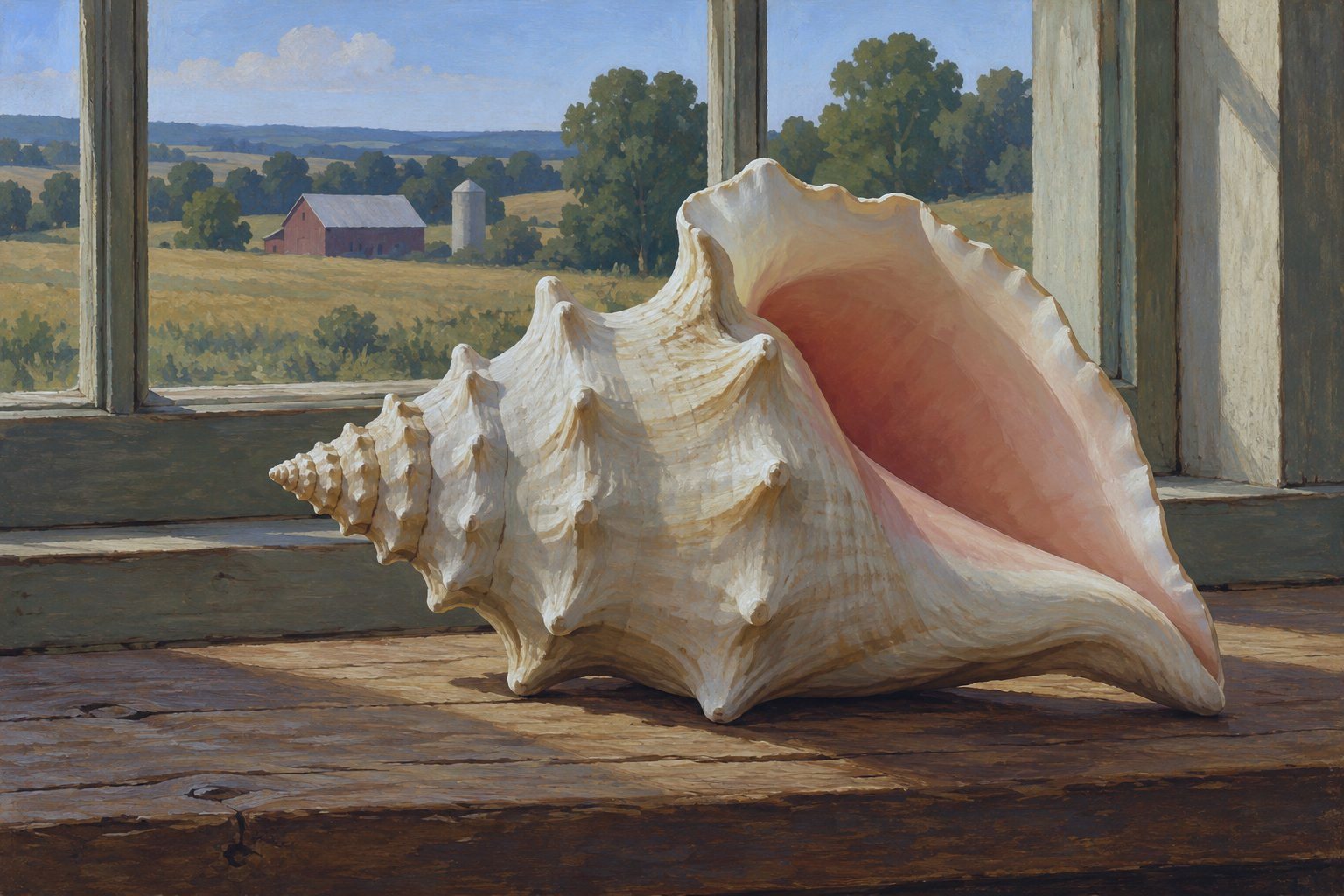 Conch shell on a farmhouse windowsill