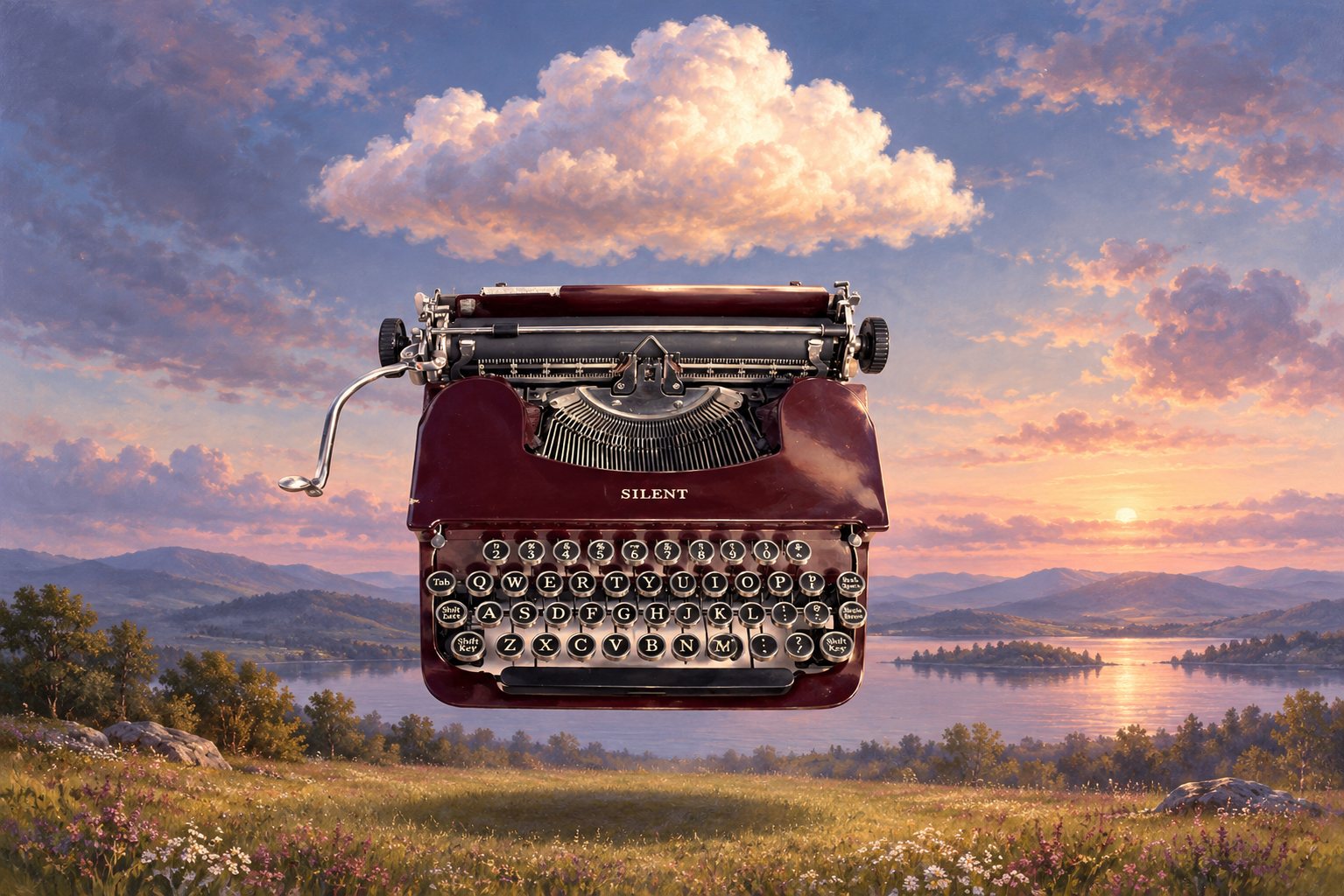 A burgundy typewriter floating beneath a cloud over a lakeside meadow at sunset